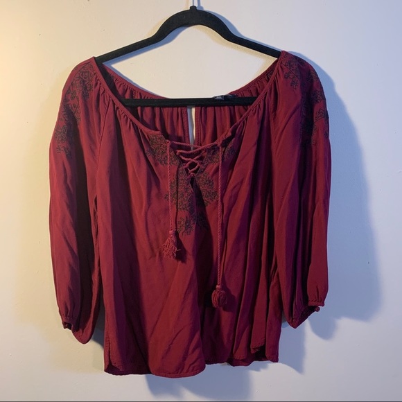 American Eagle Women’s Burgundy Peasant Top - Picture 1 of 13